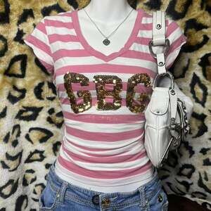 Y2K 2000s Guess Sequin Pink & White Striped V-neck Tee